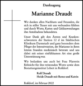 Traueranzeige von Marianne Draudt von vrm-trauer Darmstädter Echo