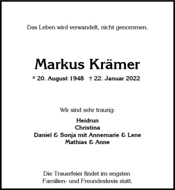 Traueranzeige von Markus Krämer von vrm-trauer Wiesbadener Kurier
