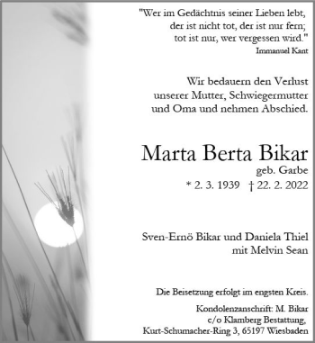 Traueranzeige von Marta Berta Bikar von vrm-trauer Wiesbadener Kurier