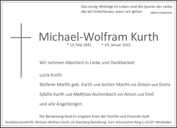 Traueranzeige von Michael-Wolfram Kurth von vrm-trauer Wiesbadener Kurier