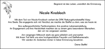 Traueranzeige von Nicole Knobloch von vrm-trauer Allgemeine Zeitung Alzey