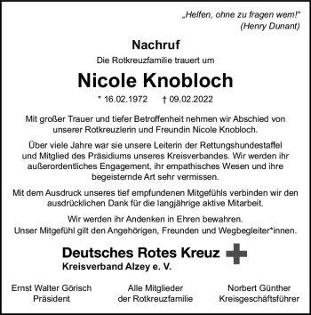 Traueranzeige von Nicole Knobloch von vrm-trauer Allgemeine Zeitung Alzey