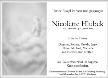 Traueranzeige von Nicolette Hlubek von vrm-trauer Wiesbadener Kurier