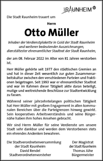 Traueranzeige von Otto Müller von vrm-trauer Rüsselsheimer Echo / MainSpitze