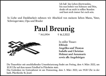 Traueranzeige von Paul Breunig von vrm-trauer Rüsselsheimer Echo / MainSpitze