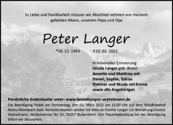 Traueranzeige von Peter Langer von vrm-trauer AZ Mainz