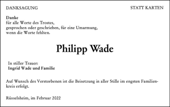 Traueranzeige von Philipp Wade von vrm-trauer Rüsselsheimer Echo / MainSpitze