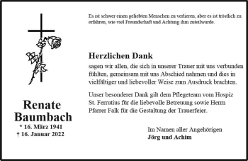 Traueranzeige von Renate Baumbach von vrm-trauer Wiesbadener Kurier