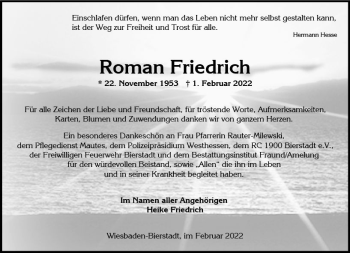 Traueranzeige von Roman Friedrich von vrm-trauer Wiesbadener Kurier