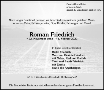 Traueranzeige von Roman Friedrich von vrm-trauer Wiesbadener Kurier