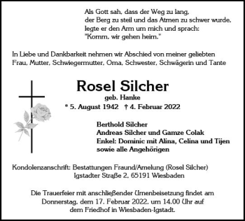 Traueranzeige von Rosel Silcher von vrm-trauer Wiesbadener Kurier