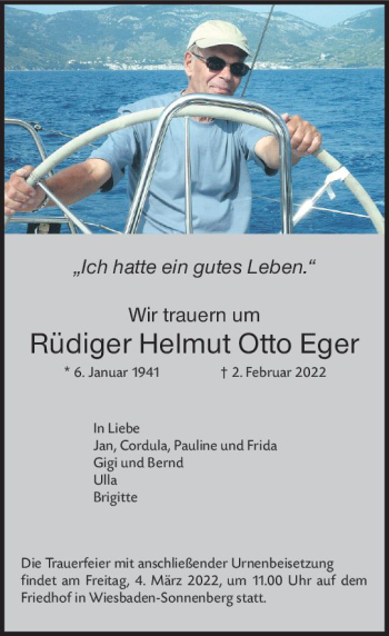 Traueranzeige von Rüdiger Helmut Otto Eger von vrm-trauer Wiesbadener Kurier