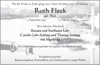 Traueranzeige von Ruth Fleck von vrm-trauer Wiesbadener Kurier