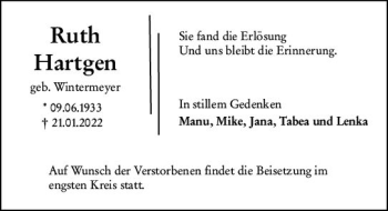 Traueranzeige von Ruth Hartgen von vrm-trauer Wiesbadener Kurier