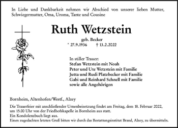 Traueranzeige von Ruth Wetzstein von vrm-trauer Allgemeine Zeitung Alzey