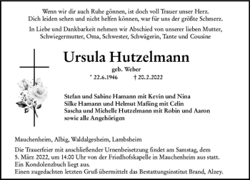 Traueranzeige von Ursula Hutzelmann von vrm-trauer Allgemeine Zeitung Alzey