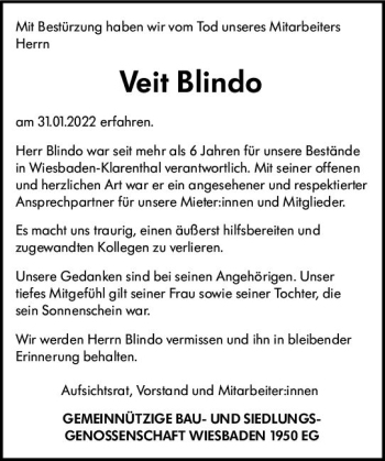 Traueranzeige von Veit Blindo von vrm-trauer Wiesbadener Kurier