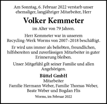 Traueranzeige von Volker Kemmeter von vrm-trauer Wormser Zeitung
