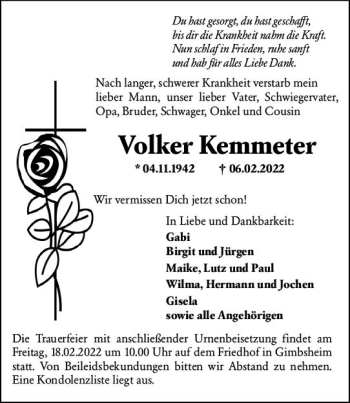 Traueranzeige von Volker Kemmeter von vrm-trauer Wormser Zeitung
