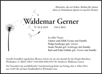 Traueranzeige von Waldemar Gerner von vrm-trauer Wiesbadener Kurier
