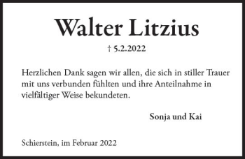 Traueranzeige von Walter Litzius von vrm-trauer Wiesbadener Kurier