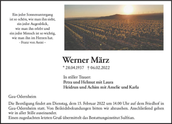 Traueranzeige von Werner März von vrm-trauer Allgemeine Zeitung Alzey