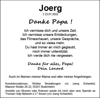 Traueranzeige von Joerg Schwebel von vrm-trauer AZ Mainz