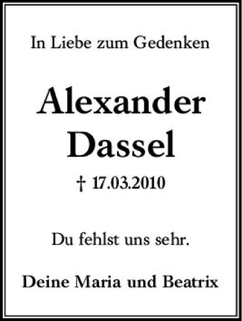 Traueranzeige von Alexander Dassel von vrm-trauer Wiesbadener Kurier