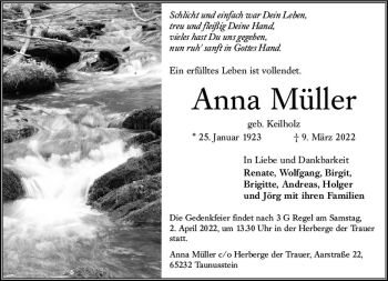 Traueranzeige von Anna Müller von vrm-trauer WK-UTA