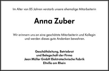 Traueranzeige von Anna Zuber von vrm-trauer Rheingau