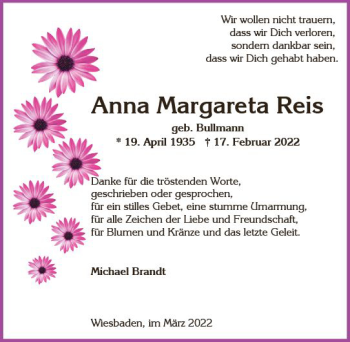 Traueranzeige von Anna Margareta Reis von vrm-trauer Wiesbadener Kurier