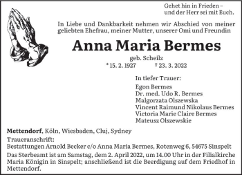 Traueranzeige von Anna Maria Bermes von vrm-trauer Wiesbadener Kurier