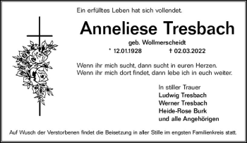 Traueranzeige von Anneliese Tresbach von vrm-trauer Wiesbadener Kurier