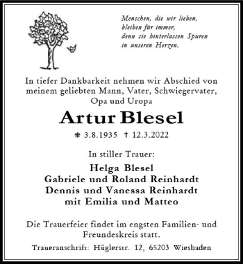 Traueranzeige von Artur Blesel von vrm-trauer Wiesbadener Kurier
