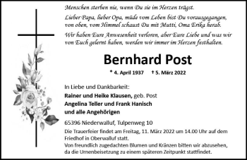 Traueranzeige von Bernhard Post von vrm-trauer Wiesbadener Kurier