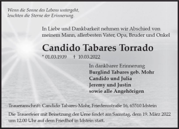 Traueranzeige von Candido Tabares Torrado von vrm-trauer Idsteiner Zeitung