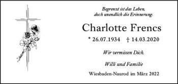 Traueranzeige von Charlotte Frencs von vrm-trauer Wiesbadener Kurier