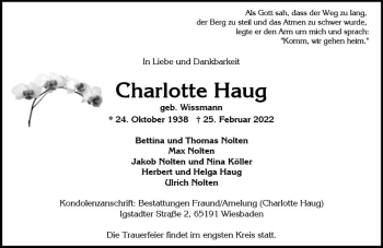 Traueranzeige von Charlotte Haug von vrm-trauer Wiesbadener Kurier