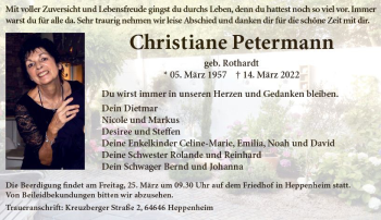 Traueranzeige von Christiane Petermann von vrm-trauer Bergsträßer Anzeiger