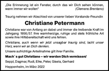 Traueranzeige von Christiane Petermann von vrm-trauer Bürstädter/Lamperth. Ztg/Starkenburger