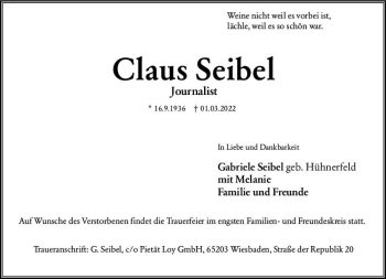 Traueranzeige von Claus Seibel von vrm-trauer Wiesbadener Kurier