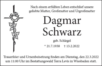 Traueranzeige von Dagmar Schwarz von vrm-trauer Wiesbadener Kurier