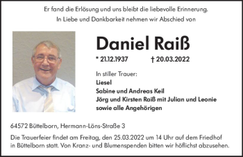 Traueranzeige von Daniel Raiß von vrm-trauer Groß-Gerauer Echo