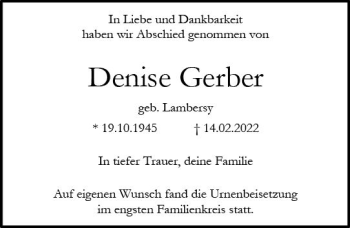 Traueranzeige von Denise Gerber von vrm-trauer Allgemeine  Zeitung Ingelheim-Bingen