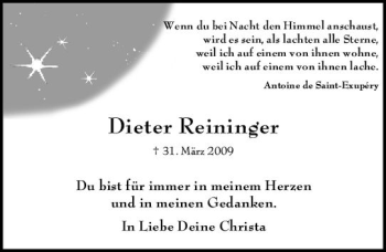 Traueranzeige von Dieter Reininger von vrm-trauer Wiesbadener Kurier