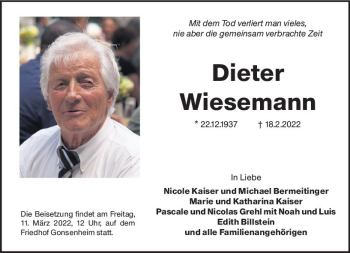 Traueranzeige von Dieter Wiesemann von vrm-trauer AZ Mainz