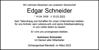 Traueranzeige von Edgar Schneider von vrm-trauer Wiesbadener Kurier