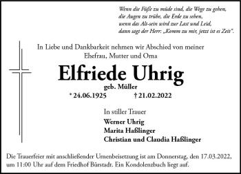 Traueranzeige von Elfriede Uhrig von vrm-trauer Wormser Zeitung
