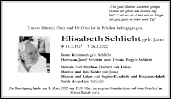 Traueranzeige von Elisabeth Schlicht von vrm-trauer Wiesbadener Kurier
