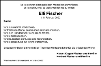Traueranzeige von Elli Fischer von vrm-trauer Wiesbadener Kurier